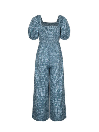 Printed Square Neck Puff Sleeve Jumpsuit - Tigbul's Variety Fashion Shop
