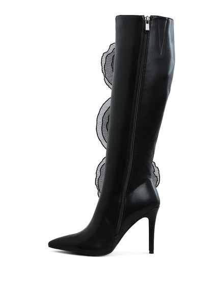 Chinkara Sheer Big Rose Detail Long 4" High Heel Boots - Tigbul's Variety Fashion Shop