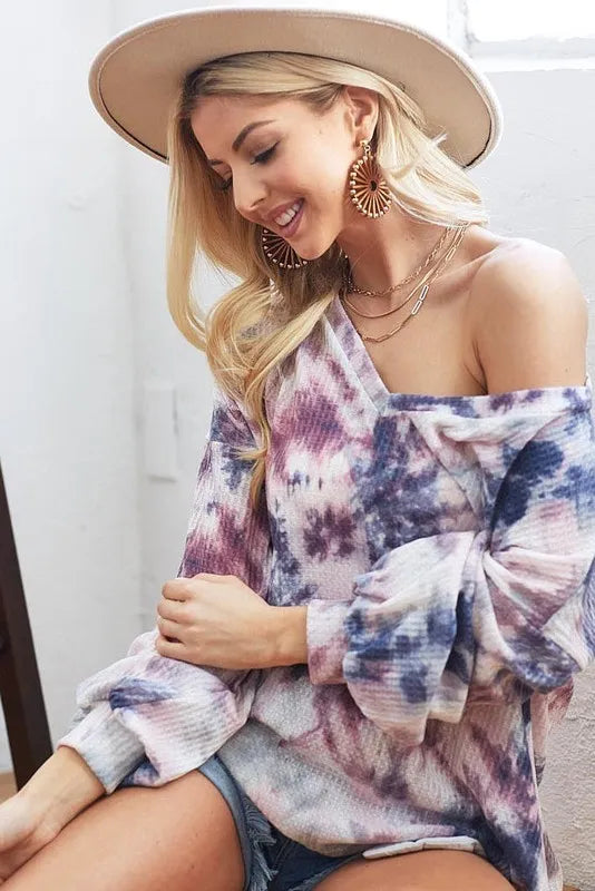 BiBi Tie-Dye V-Neck Long Sleeve Waffle Top - Tigbul's Variety Fashion Shop