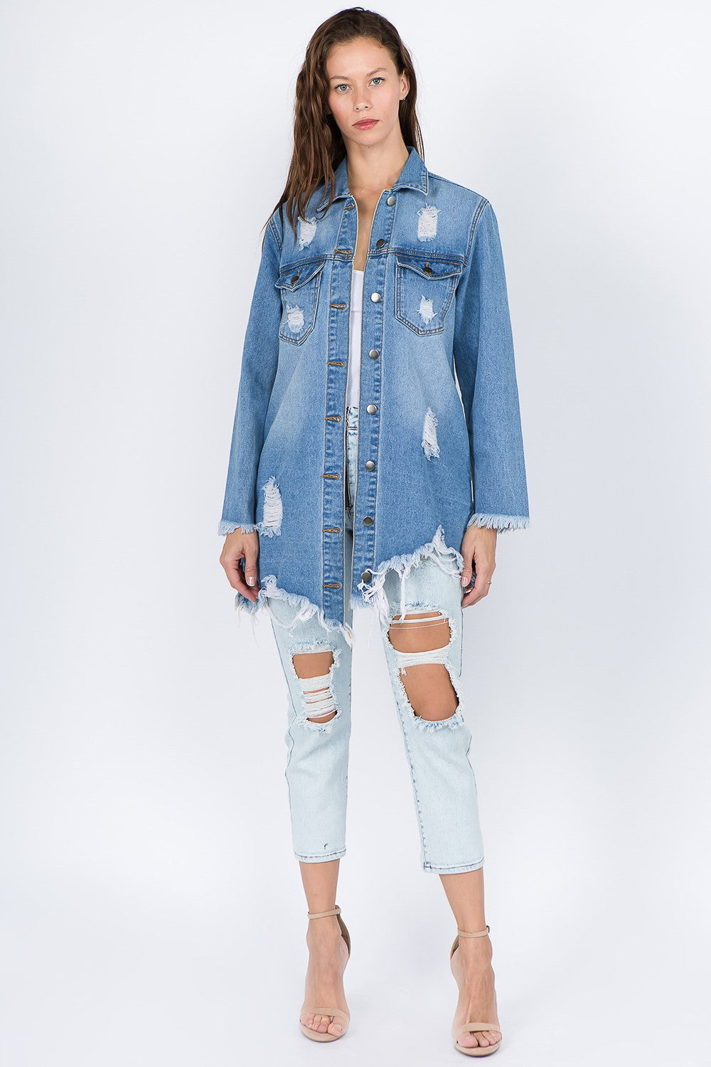 Blue Distressed Frayed Hem Denim Jacket - Tigbul's Variety Fashion Shop