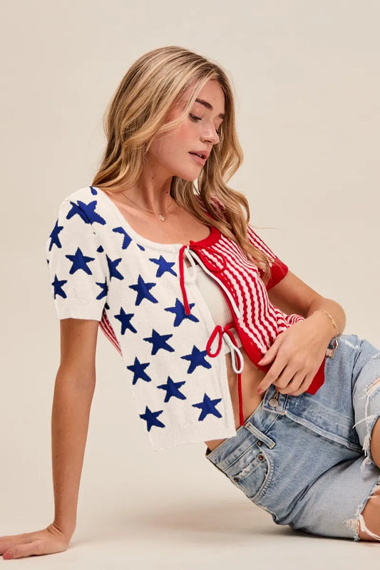 SO ME Stars and Stripe Front Bow Tie Sweater Cardigan - Tigbul's Variety Fashion Shop