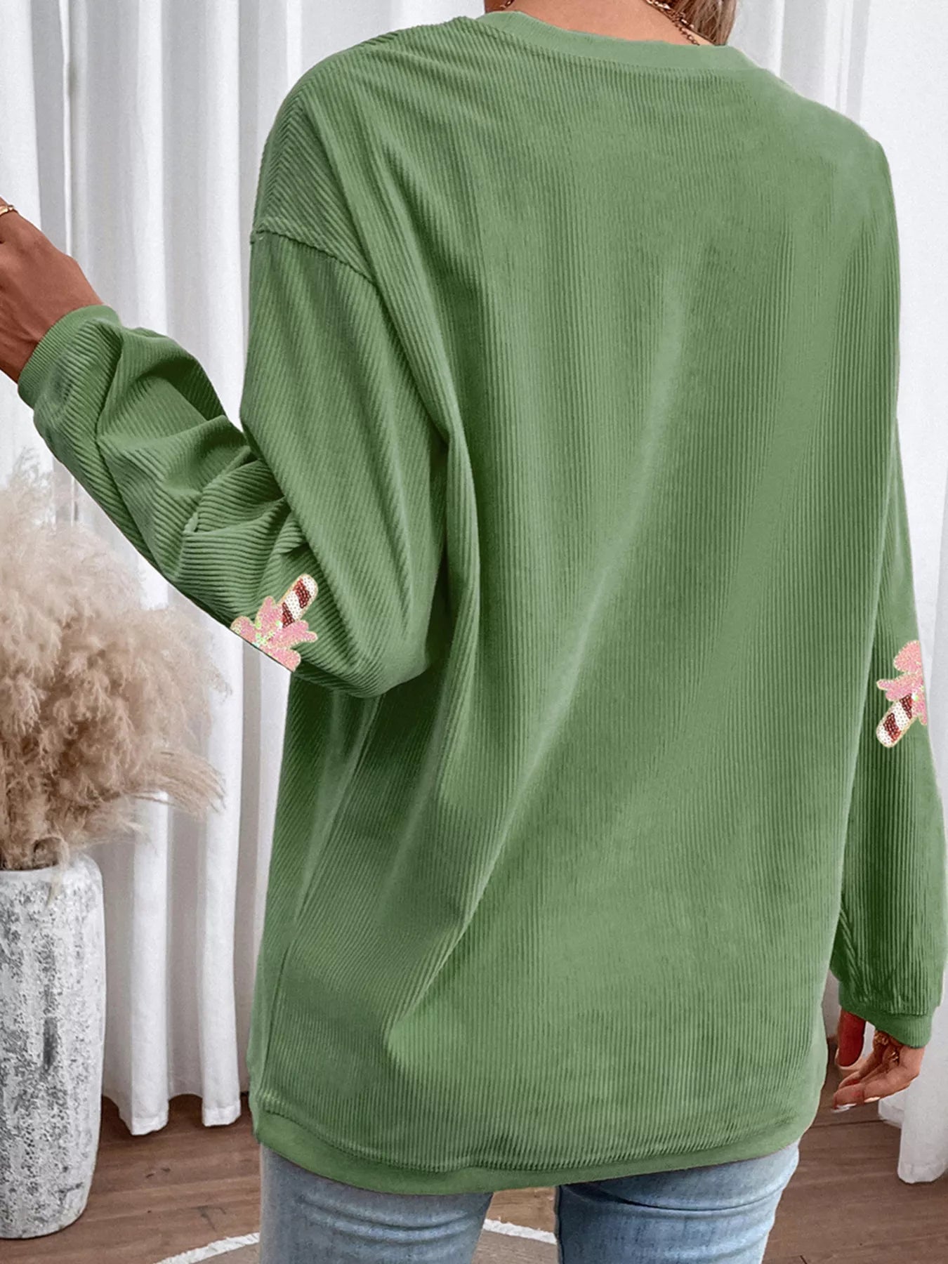 Christmas Sequin Candy Cane Patched Corded Ribbed Baggy Sweatshirt - Tigbul's Variety Fashion Shop