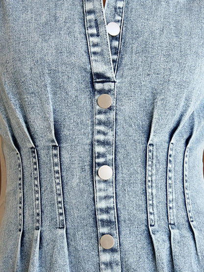 Puff Sleeve Button Front Denim Midi Dress - Tigbul's Variety Fashion Shop