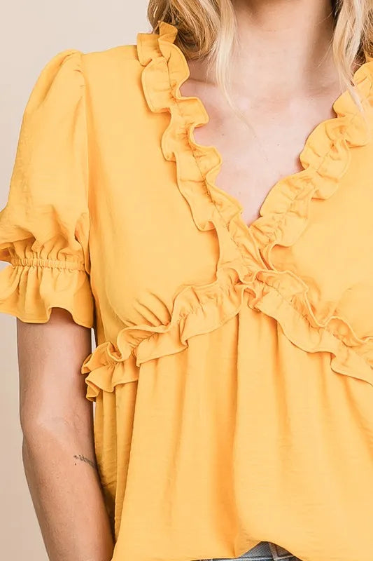Solid Ruffled Deep V-Neck Puff Sleeve Babydoll Top - Tigbul's Variety Fashion Shop