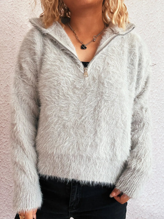 Cozy Fuzzy Half-Zip Sweater - Tigbul's Variety Fashion Shop