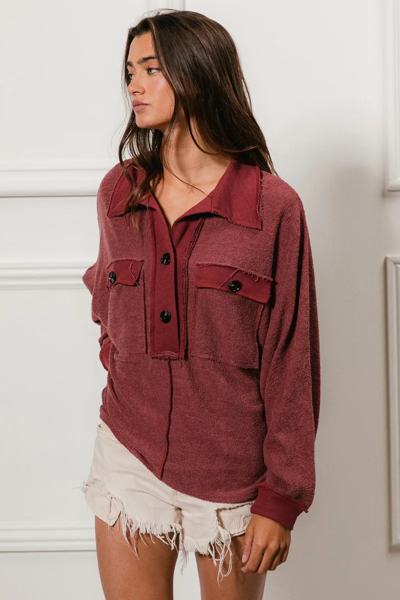 BiBi Cp French Terry Cut Edge Detail Collared Top - Tigbul's Variety Fashion Shop