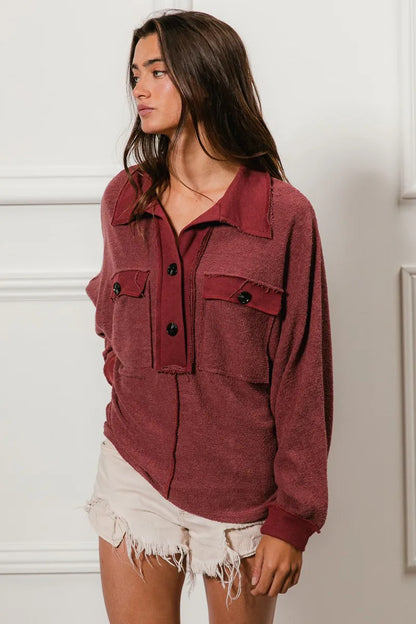 BiBi Cp French Terry Cut Edge Detail Collared Top - Tigbul's Variety Fashion Shop
