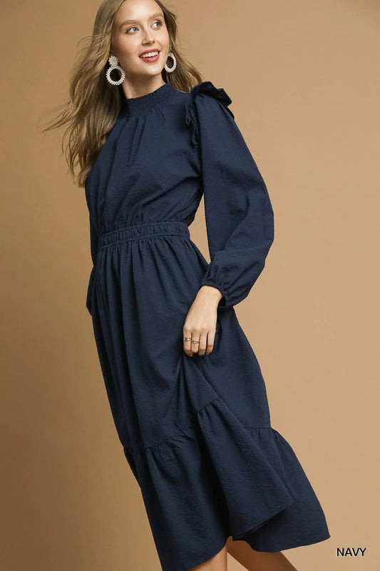 Umgee Textured Midi Dress with Ruffle Shoulder Detail - Tigbul's Variety Fashion Shop