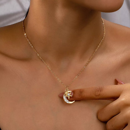 18K Gold-Plated Rhinestone Star & Moon Necklace - Tigbul's Variety Fashion Shop