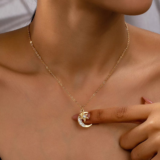 18K Gold-Plated Rhinestone Star & Moon Necklace - Tigbul's Variety Fashion Shop