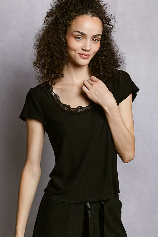 Black Short Sleeve Crop T-Shirt with Lace Trim - Tigbul's Variety Fashion Shop