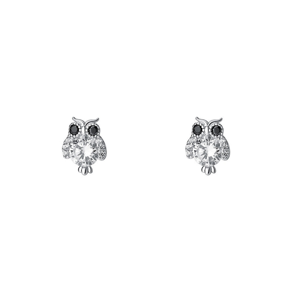 Silver owl stud earrings with clear crystal body and black rhinestone eyes, pair