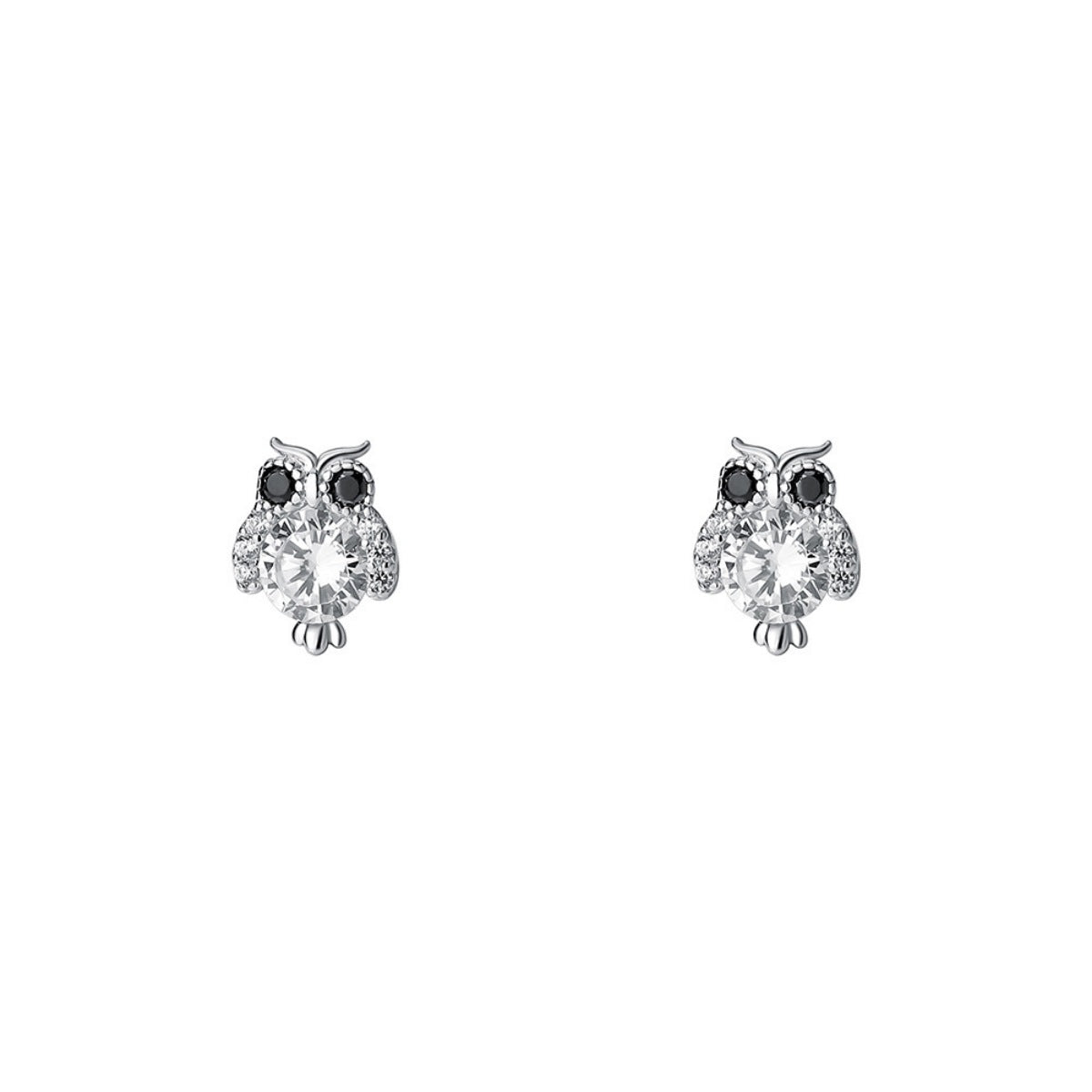 Silver owl stud earrings with clear crystal body and black rhinestone eyes, pair
