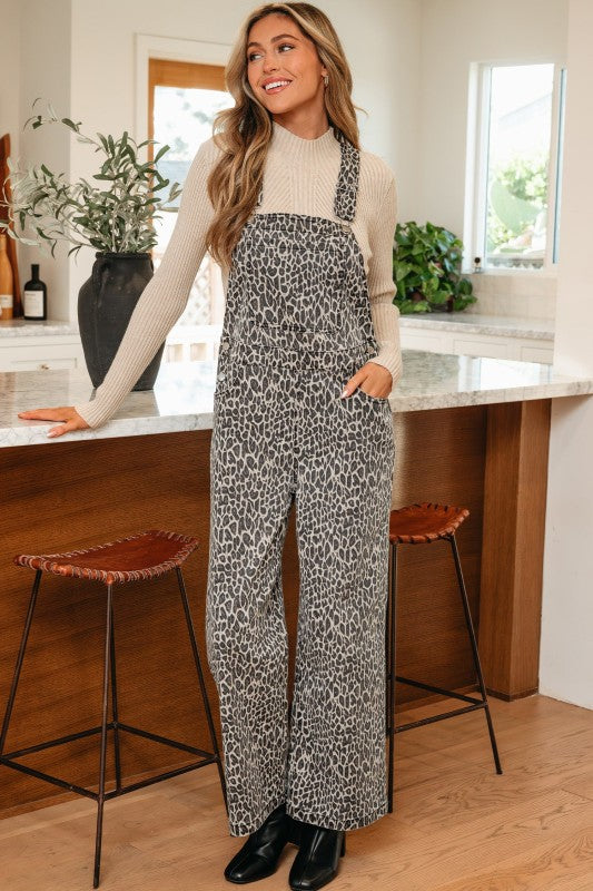 Leopard denim straight-leg overall jumpsuit in brown print, wide-leg fit
