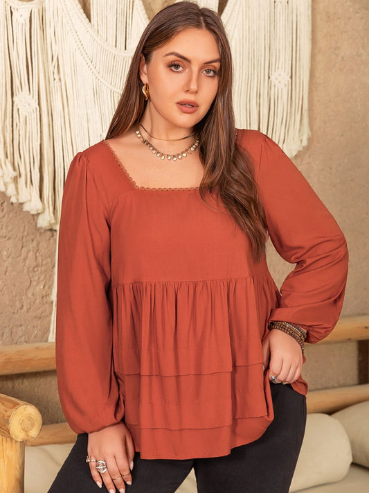 Plus Size Lace Detail Square Neck Long Sleeve Blouse - Tigbul's Variety Fashion Shop