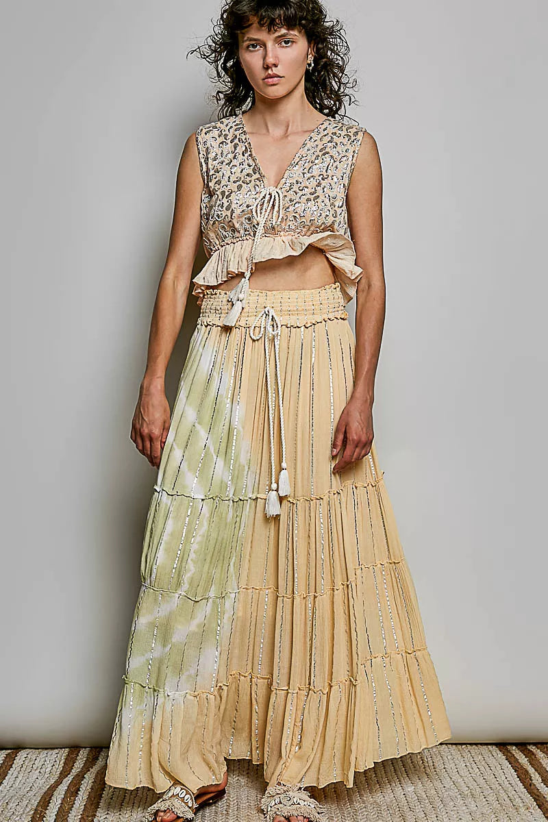POL Shimmer Tiered Reverse Ruffle Smocked Waist Maxi Skirt | Tigbuls