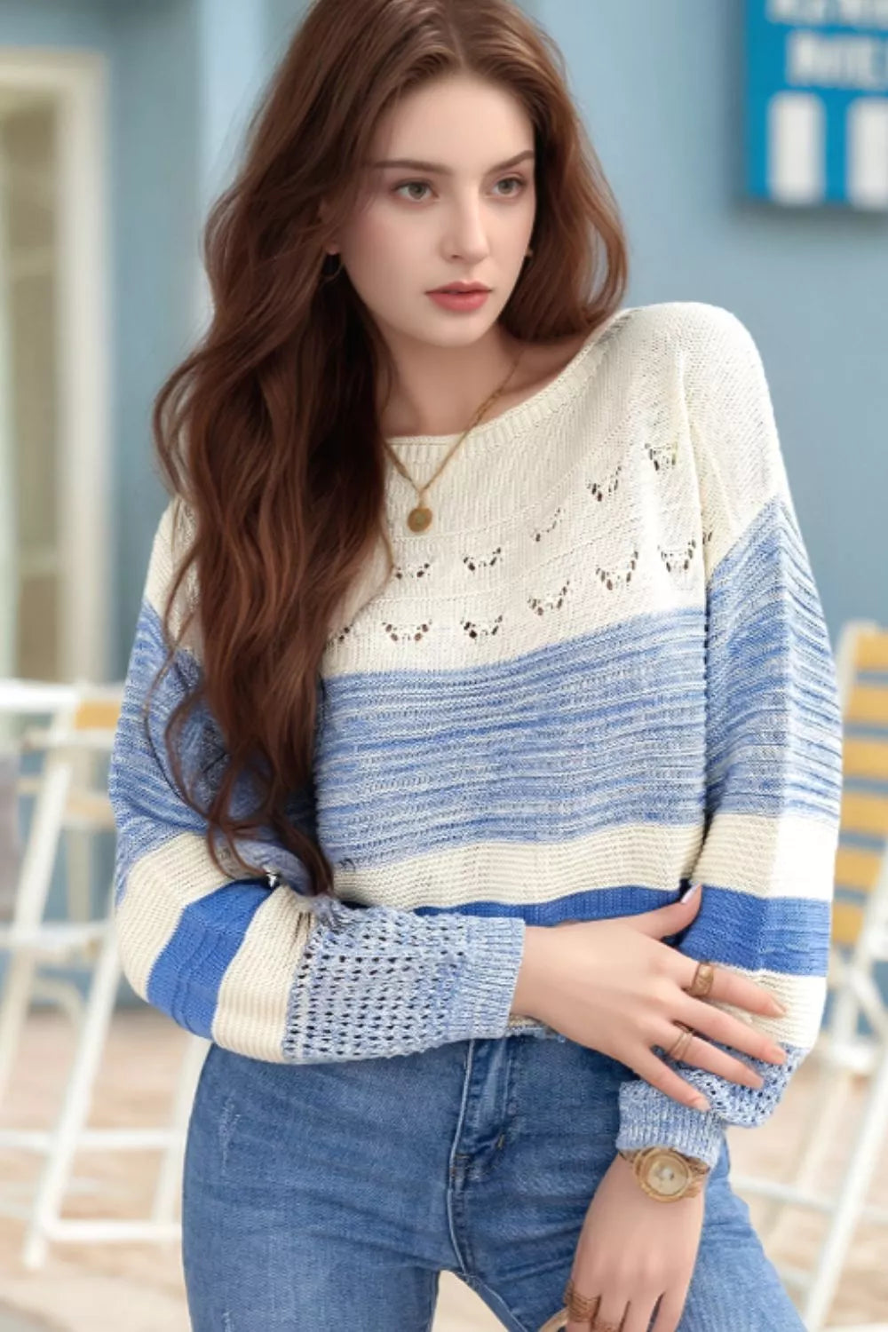 Openwork Striped Knit Long Sleeve Sweater - Tigbul's Variety Fashion Shop