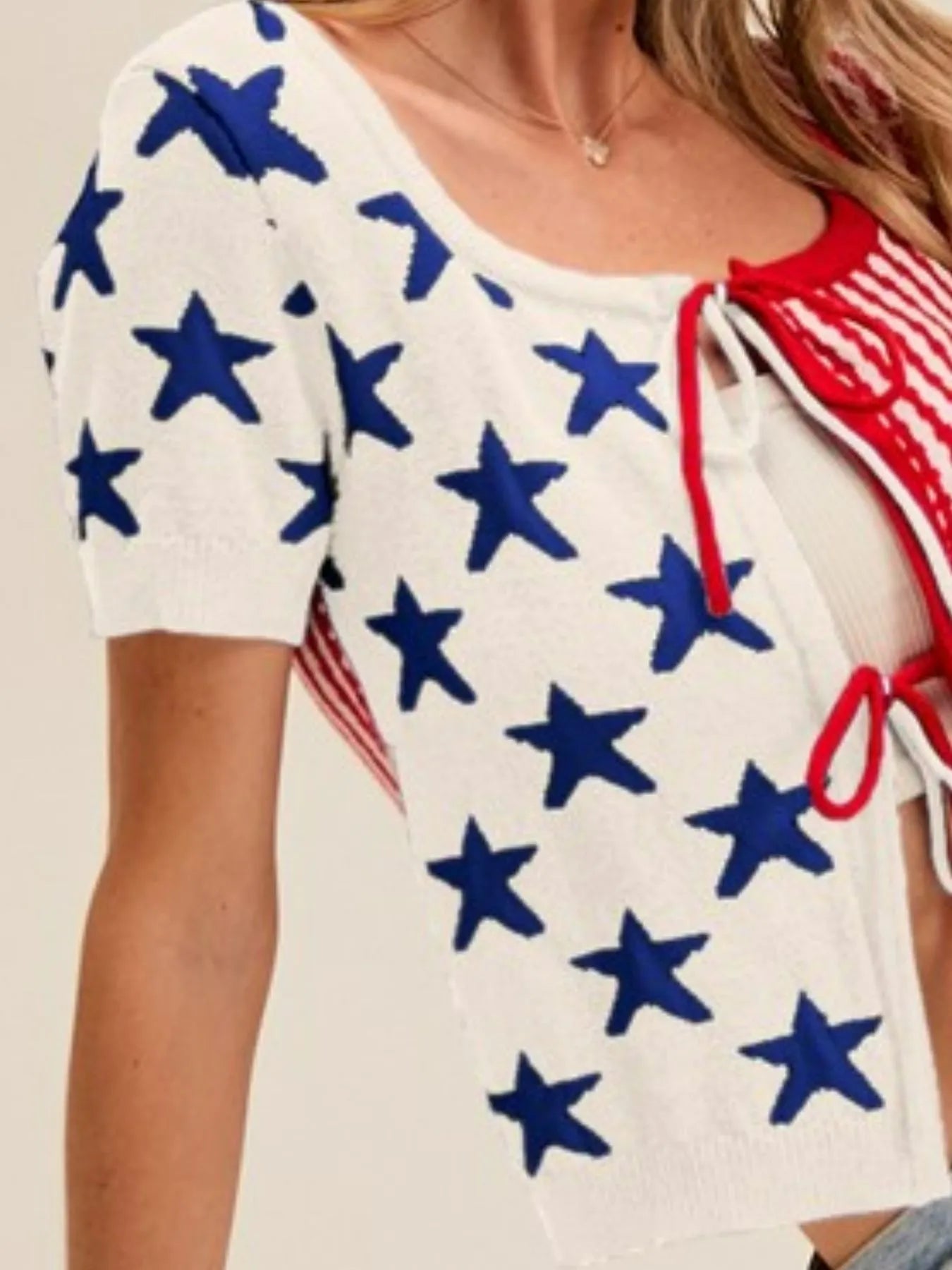 SO ME Stars and Stripe Front Bow Tie Sweater Cardigan - Tigbul's Variety Fashion Shop