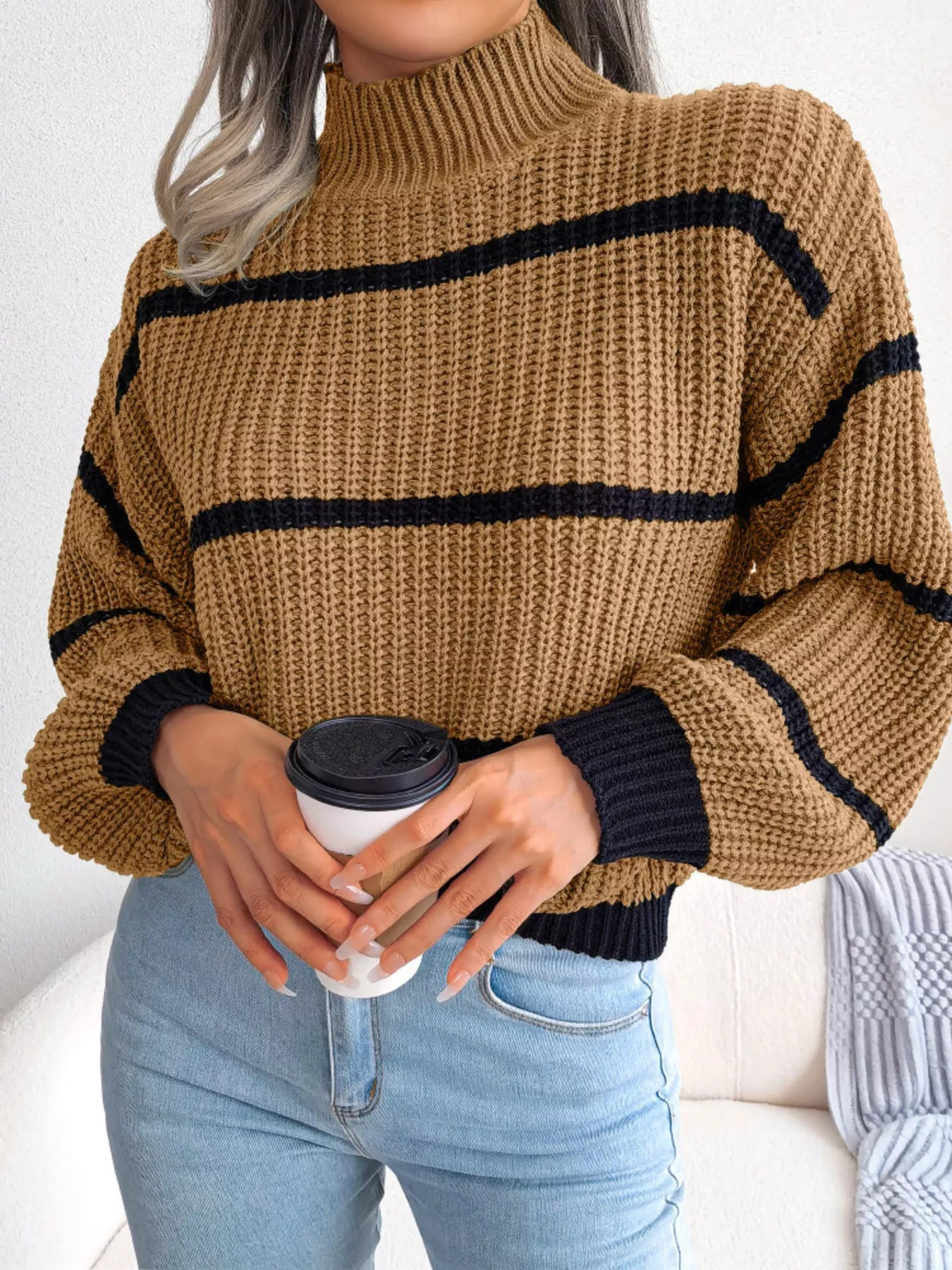 Full Size Striped Mock Neck Knit Sweater Plus Size - Tigbul's Variety Fashion Shop