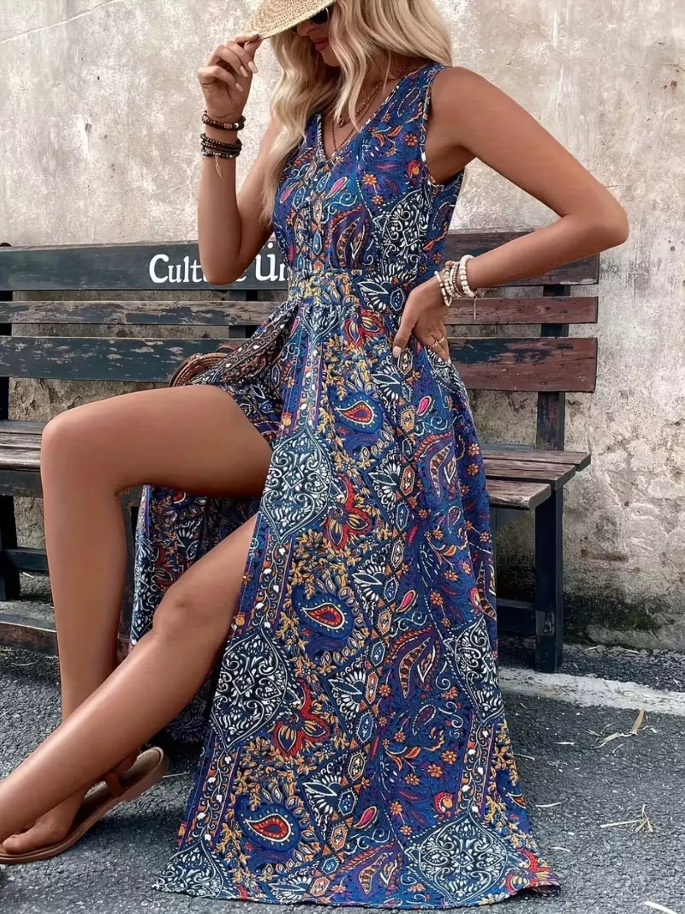 Paisley-print sleeveless romper in peacock blue with long top