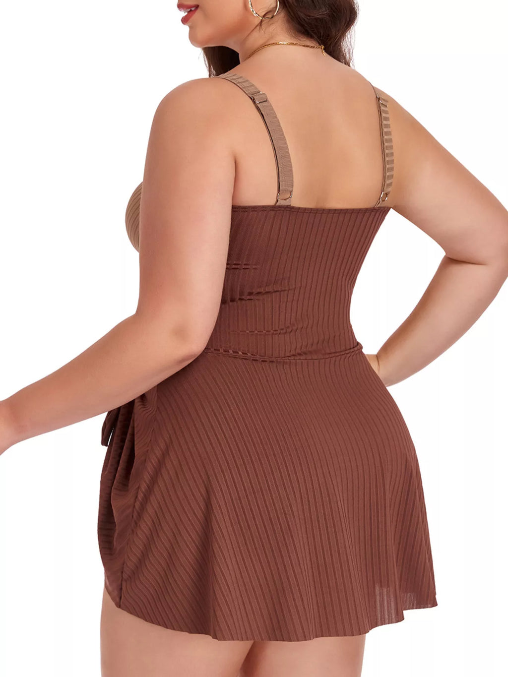 Plus Size ruched one-piece swim dress, brown back view with cross straps and flared skirt