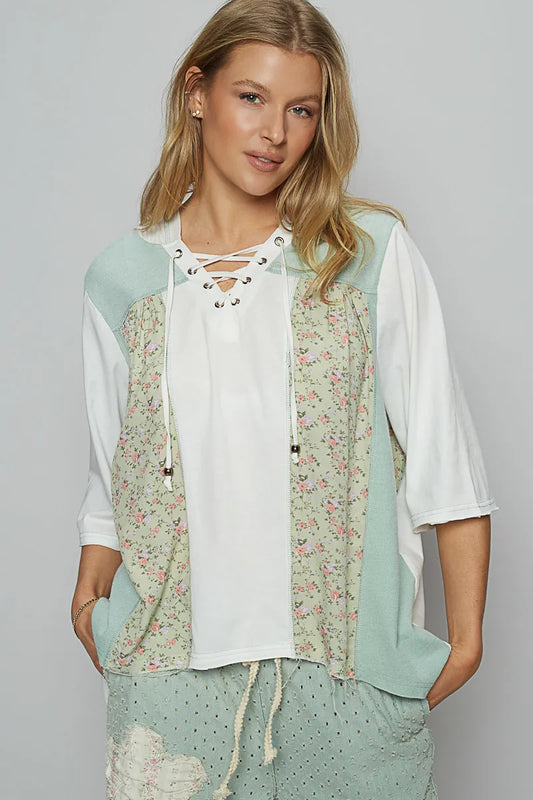 POL Lace-Up Hooded T-Shirt with Paisley Panel Detail - Tigbul's Variety Fashion Shop