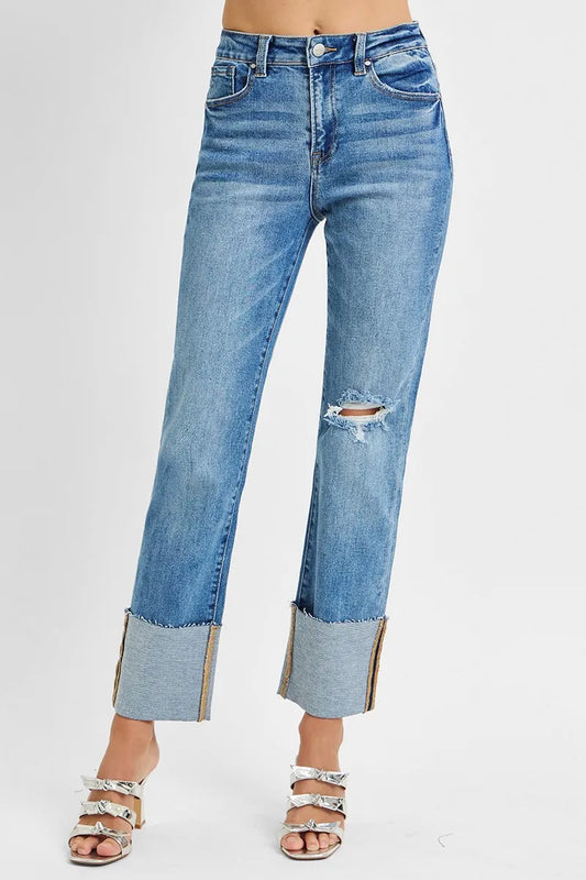 RISEN Full Size High Rise Ankle Straight Wide Cuffed Jeans Plus Size - Tigbul's Variety Fashion Shop