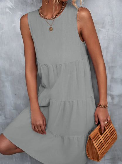 Tiered Round Neck Sleeveless Mini Tank Dress - Tigbul's Variety Fashion Shop