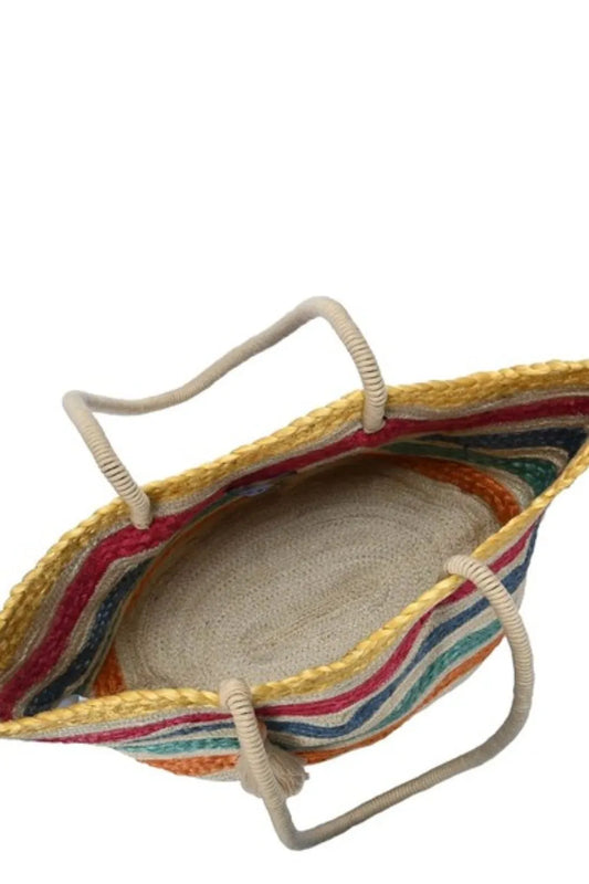 Wavy Rainbow Straw Tote Bag - Tigbul's Variety Fashion Shop