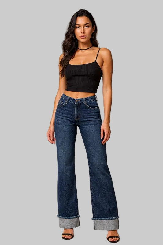 Low Rise Cuffed Dark Wash Blue Jean Pants Women's - Tigbul's Variety Fashion Shop