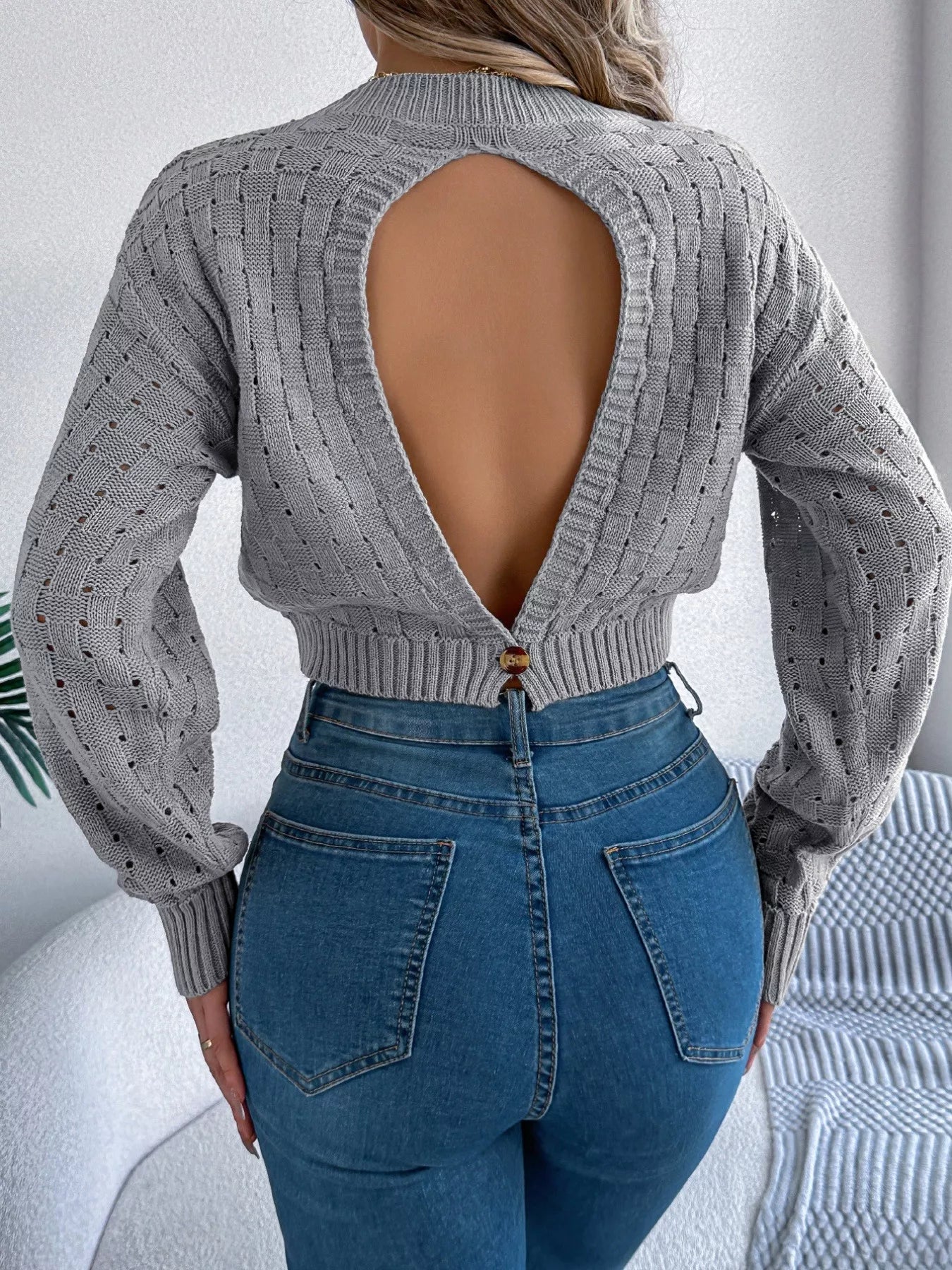 Cutout Back Openwork Round Neck Long Sleeve Sweater - Tigbul's Variety Fashion Shop