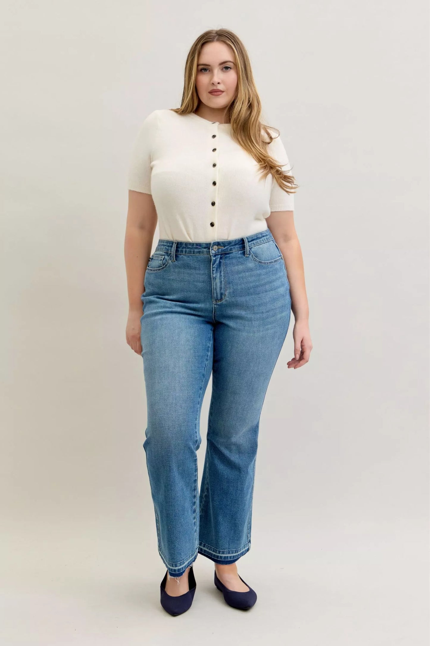 Judy Blue Full Size Mid Rise Slim Bootcut Tummy Control Release Hem Jeans Plus Size - Tigbul's Variety Fashion Shop