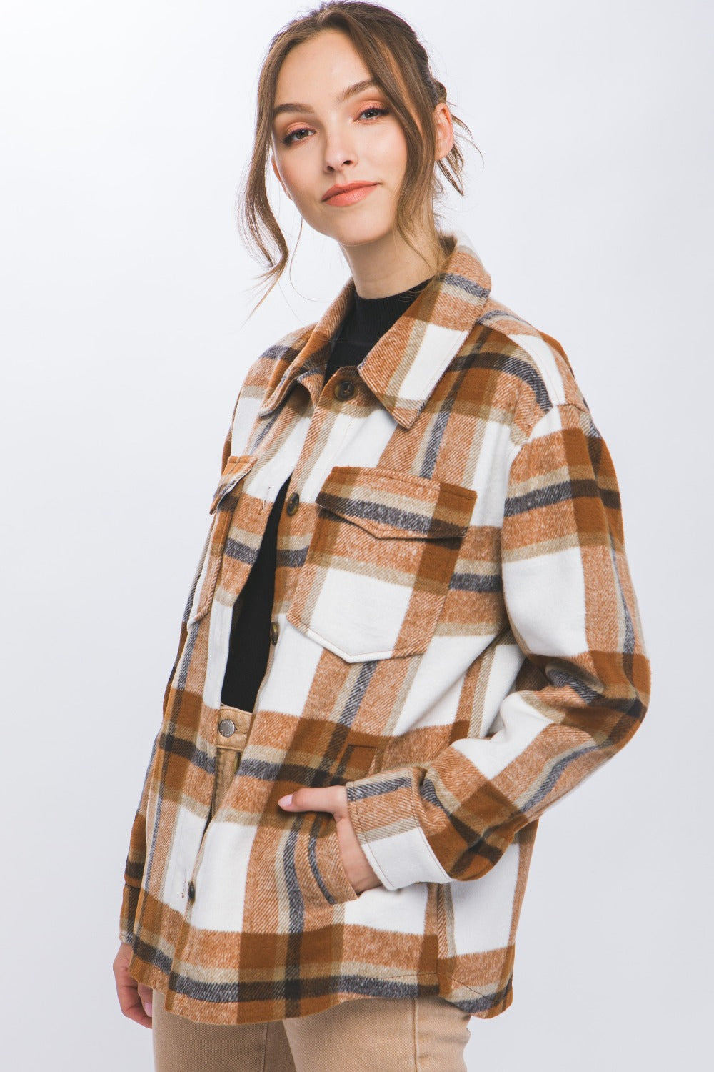 Tan Plaid Button Up Shacket | Tigbuls Variety Fashion