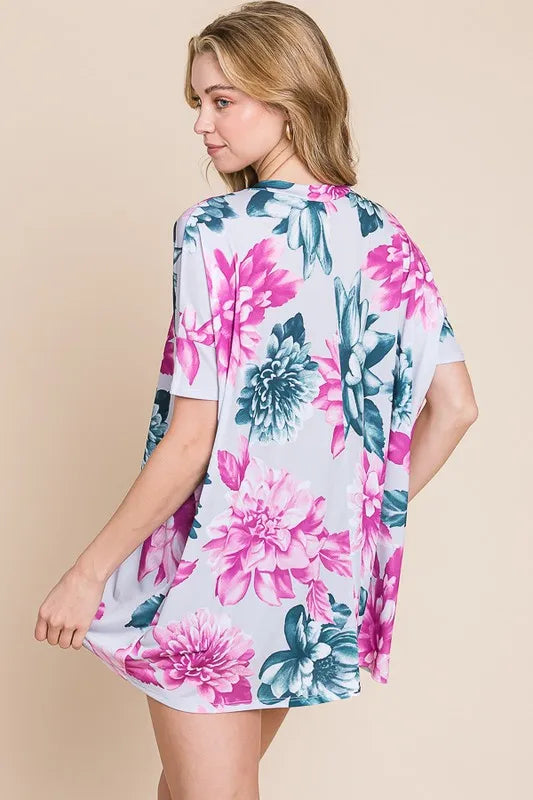 Floral V-Neck Short Sleeve T-Shirt - Tigbul's Variety Fashion Shop