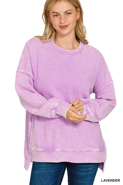 Lavender Acid Washed Double Ribbed Hi-low Sweatshirt - Tigbul's Variety Fashion Shop
