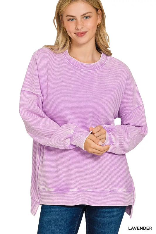 Lavender Acid Washed Double Ribbed Hi-low Sweatshirt - Tigbul's Variety Fashion Shop