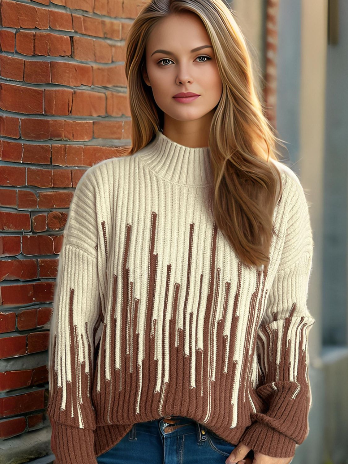 Contrast Mock Neck Long Sleeve Sweater - Tigbul's Variety Fashion Shop