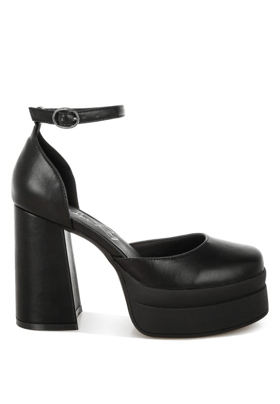 Black square-toe buckled heels with tall block heel and thick platform sole