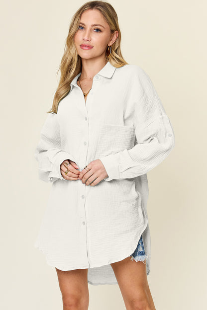 Double Take Full Size Pocketed Texture Button Up Shirt - Tigbul's Variety Fashion Shop