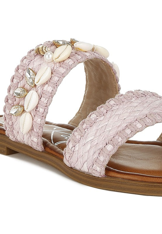 Seashell Raffia Slip on Flat Sandals - Tigbul's Variety Fashion Shop