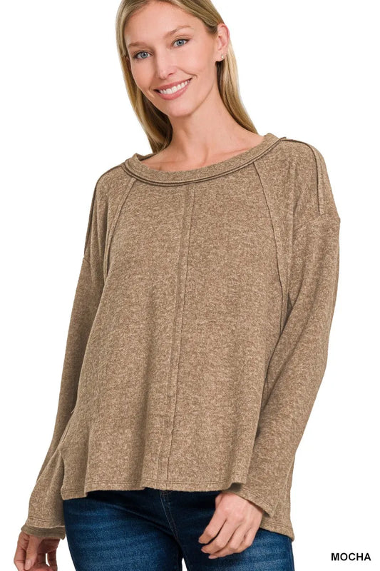 Zenana Brushed Hacci Exposed Seam Hi Low Sweater - Tigbul's Variety Fashion Shop