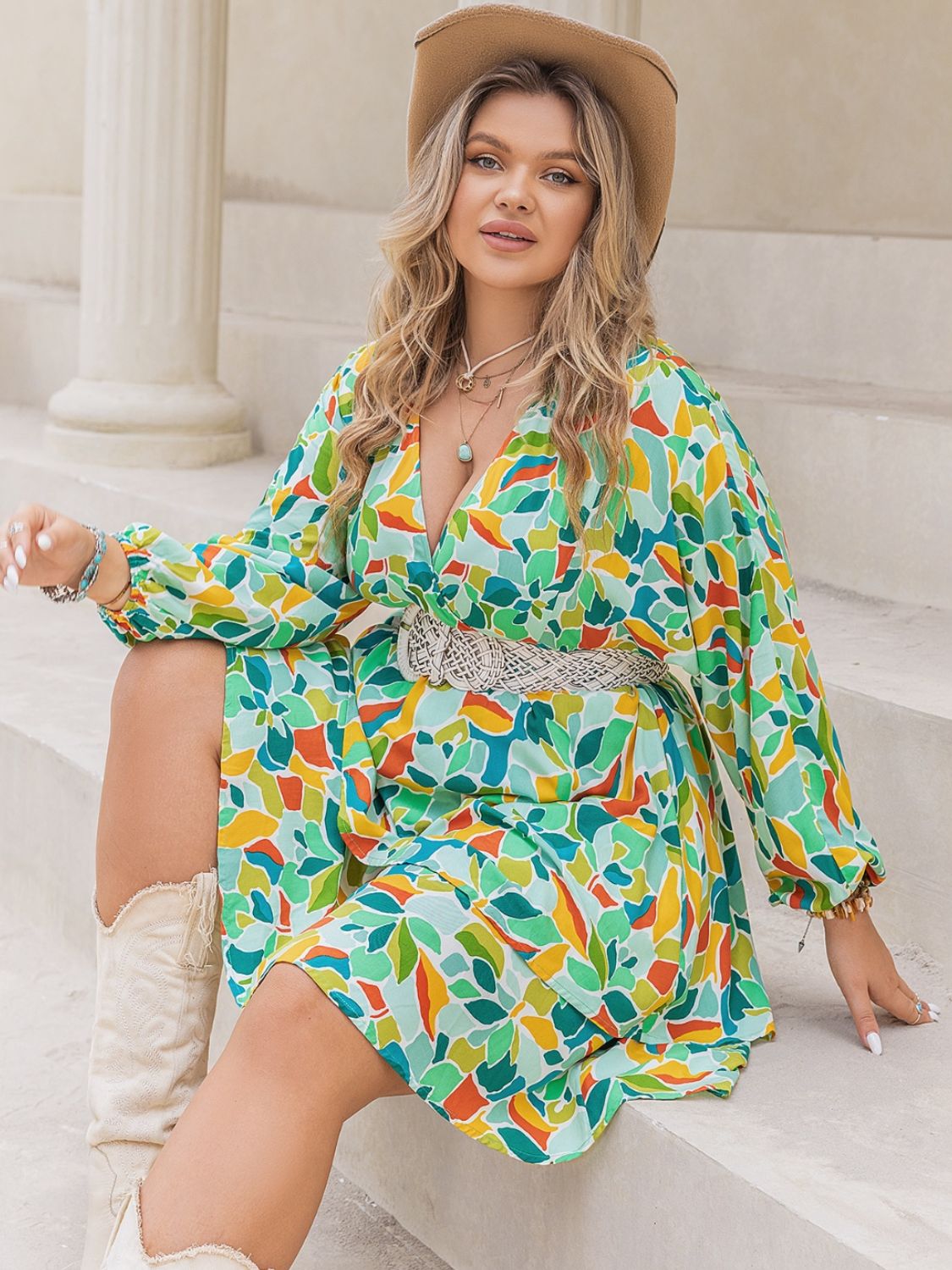 Plus Size Printed Surplice Long Sleeve Mini Dress - Tigbul's Variety Fashion Shop