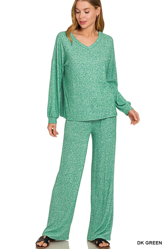 Zenana Soft Melange Long Sleeve Tee & Pants Set - Tigbul's Variety Fashion Shop