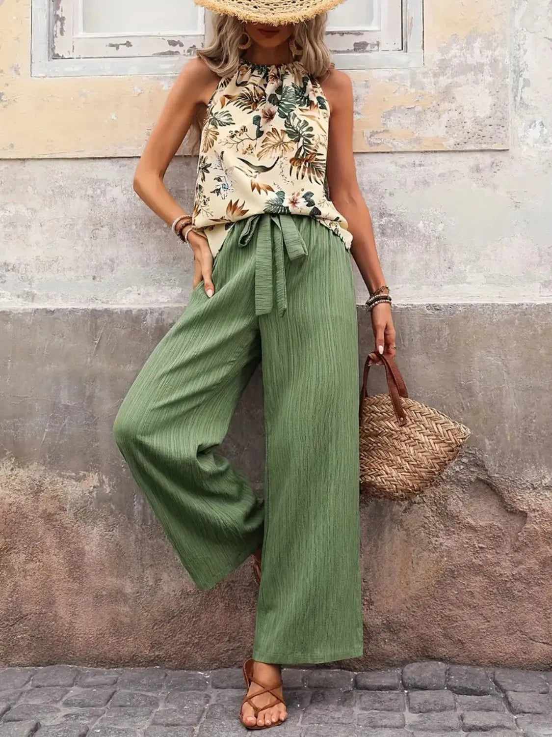 Printed Tank Top and Wide Leg Pants Set - Tigbul's Variety Fashion Shop