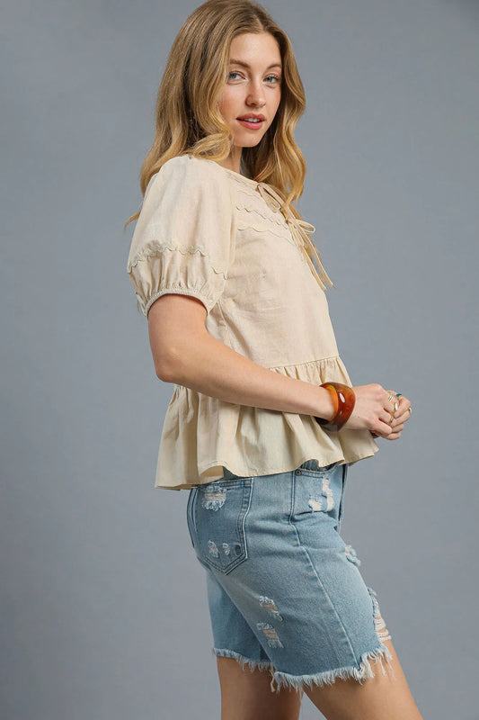 Umgee Tie Front Puff Sleeve Blouse - Tigbul's Variety Fashion Shop