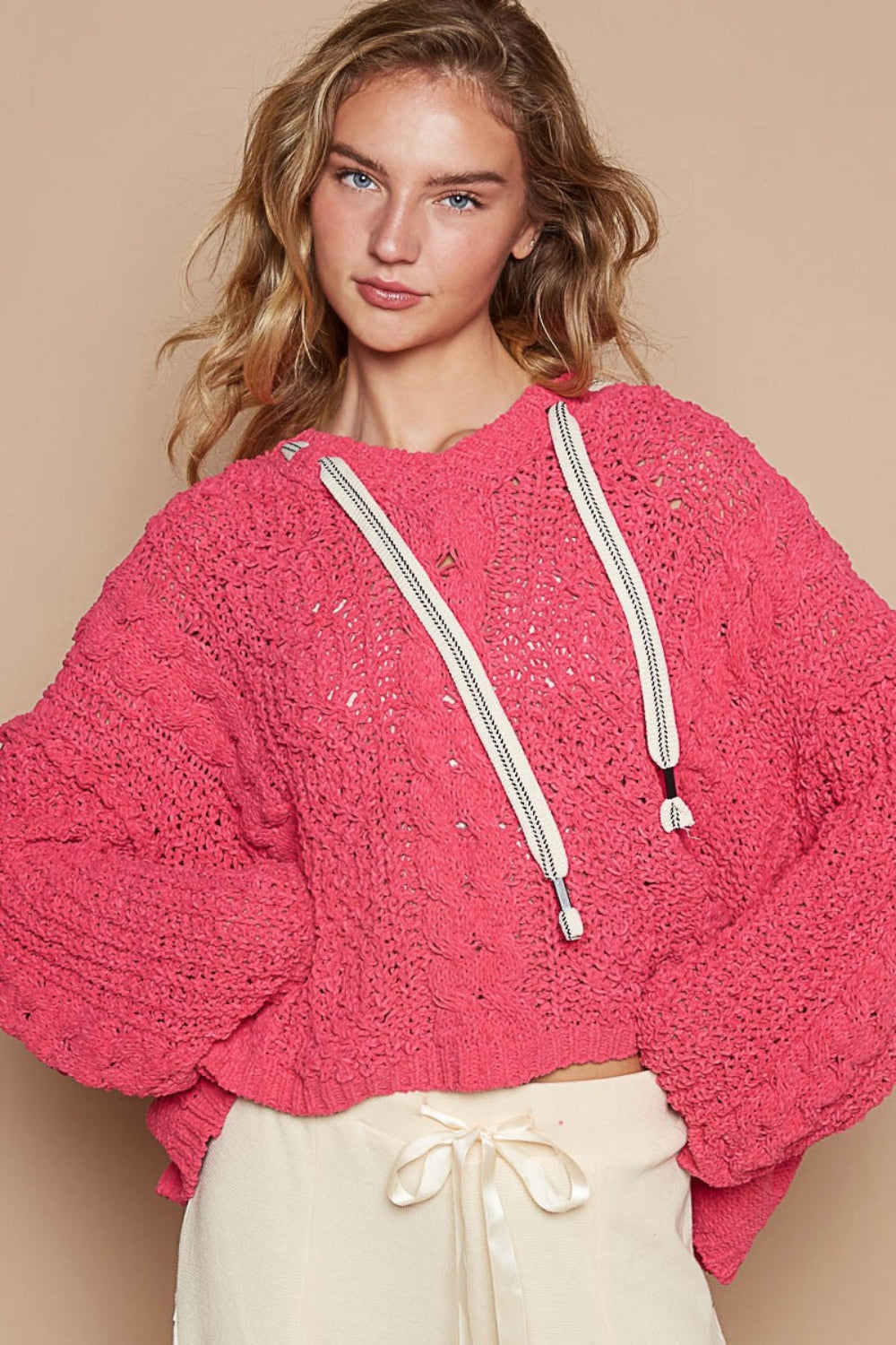 Cable Knit Hooded Fuchsia Chenille Sweater - Tigbul's Variety Fashion Shop