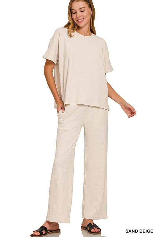 Zenana Slub Short Sleeve T-Shirt and Pants Set - Tigbul's Variety Fashion Shop
