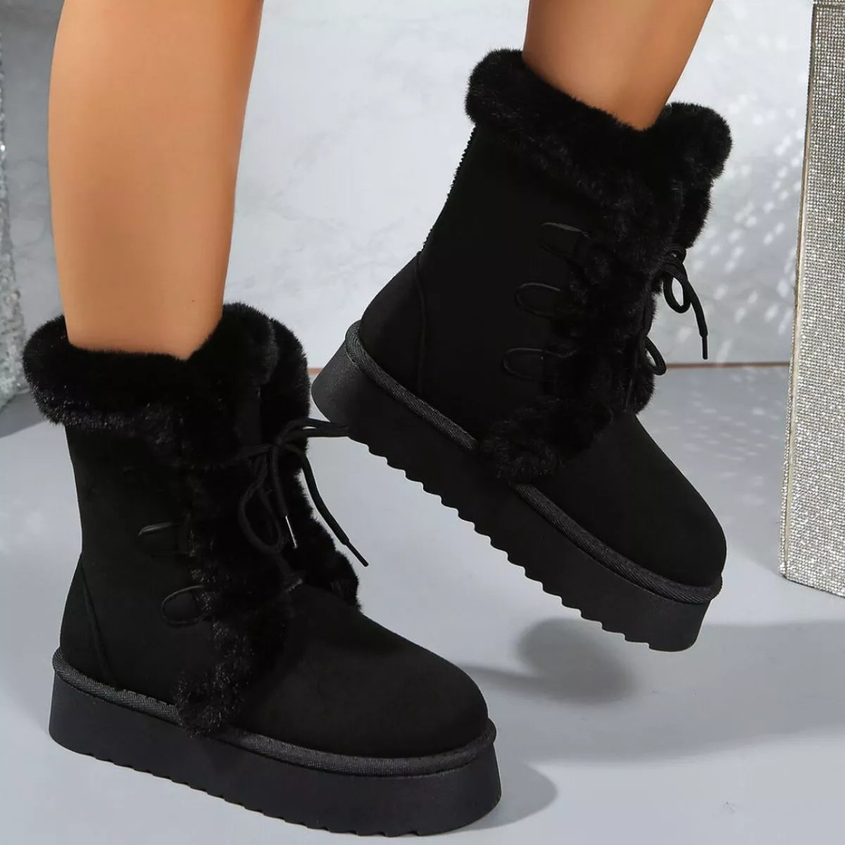 Fuzzy Trim Lace-Up Platform Boots - Tigbul's Variety Fashion Shop