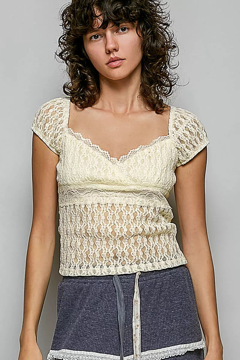 POL Sweetheart Neck Lace Short Sleeve Top - Tigbul's Variety Fashion Shop