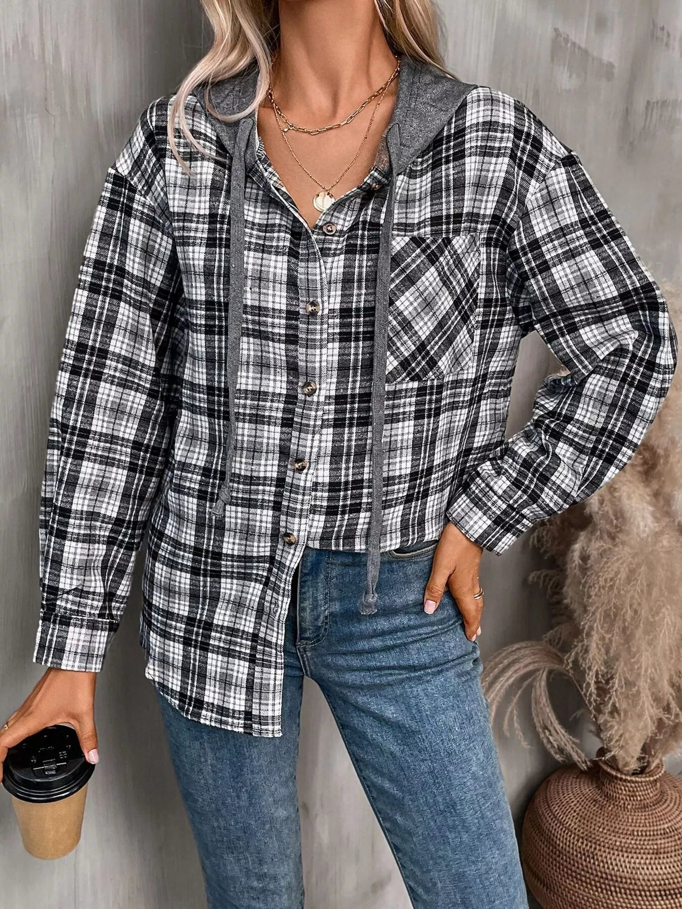 Hooded Plaid Button-Up Shirt - Tigbul's Variety Fashion Shop